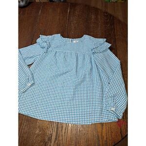 Medium Crown & Ivy Blue White Gingham Long Sleeve Ruffle Blouse Shirt Top